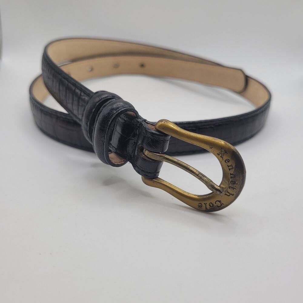 Kenneth Cole Belt Medium Black Leather Croc Embossed Brass Buckle Classic 90s